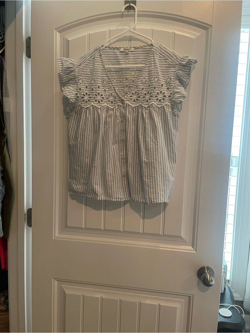 Madewell Light Blue & White Striped Eyelet Top